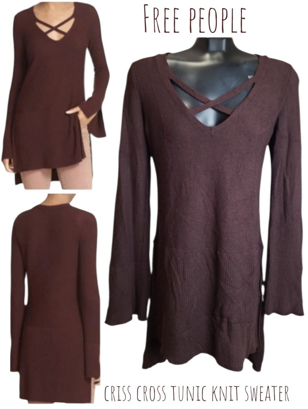 Free people criss cross tunic knit sweater bell sleeve mocha split hem women's S